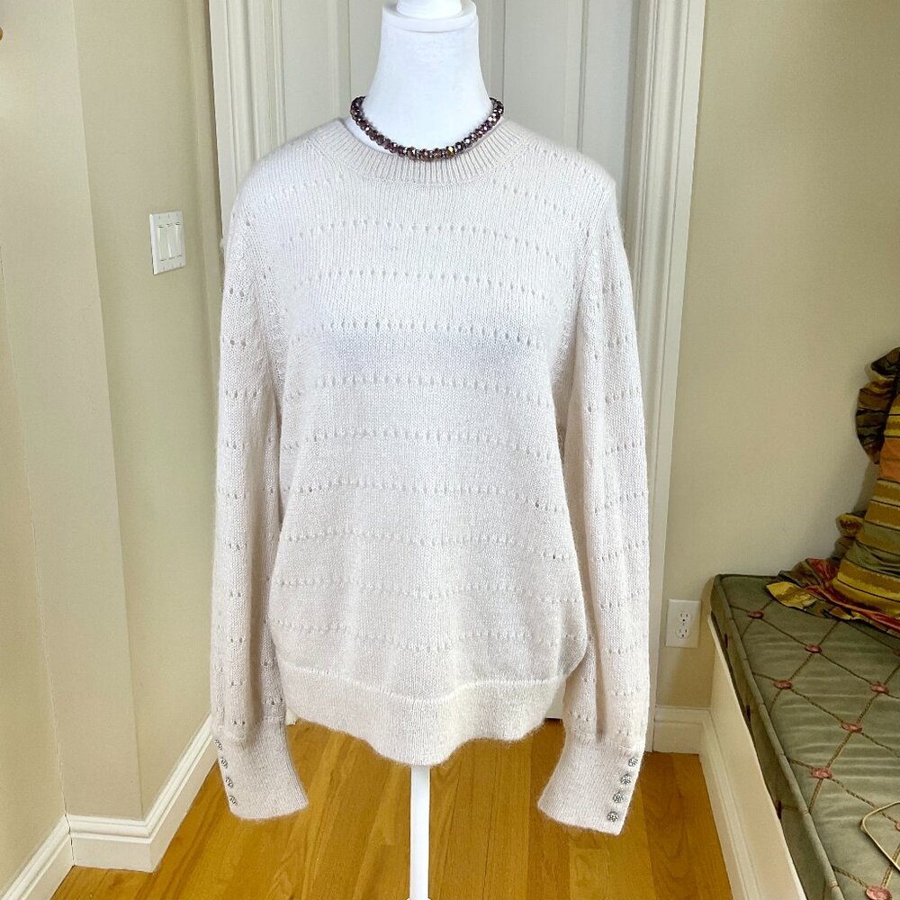 Boden Sweater Wool Mohair Crew Neck Gem Cuff Buttons Beige (L) - Picture 2 of 8